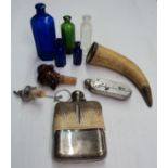 A small quantity of collectable items including hip flask, a Nonox clockwork torch and horn - sold