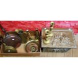 A brass clad log box - sold with a copper bed warming pan, brass open twist candlesticks, jug,