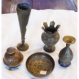 Five pieces of Oriental brassware including bell, bowl, etc.