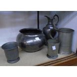 An antique pewter quart tankard - sold with a London cachepot, ewer and two tumblers