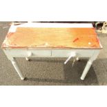 A Victorian painted pine side table with two drawers - later plywood top (a/f)