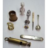 A quantity of collectable items including The City Police or Fire whistle, ice tongs and loupe,