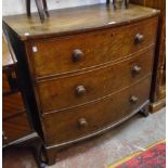 A 3' 1 1/2" 19th Century mahogany bow front chest of three long graduated drawers, set on bracket