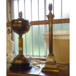 A brass oil lamp (converted) - sold with a brass and onyx column table lamp