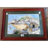 Gary S. Challenger: a framed mixed media painting, depicting a view of Tenby