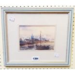 Douglas Carpenter: a small framed watercolour, depicting moored vessels with buildings in distance