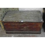 A 36" Victorian stained pine lift-top box with flanking iron carrying handles