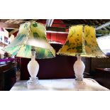 A pair of pink marble table lamps with vintage printed shades