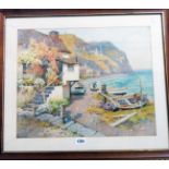 Ernest William Haslehurst: a framed watercolour, depicting a view of a North Devon coastal village -