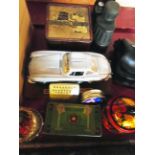Four vintage tins - sold with further items including dominoes, binoculars, Burago Mercedes 300