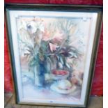 †J. Robertson: a framed watercolour still life with flowers, fruit and hat - signed and dated 93 -