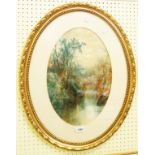 William Widgery: a pair of gilt framed oval watercolours, depicting woodland waterfall views -