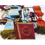 A collection of mid 20th Century R.A.O.B. items including Roll of Honour and other jewels, sashes,