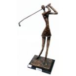 A 14 1/2" modern bronze sculpture of a golfing figure, set on an ebonised plinth base - signed