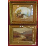 A gilt framed and oval slipped English school oil painting under glass, depicting a moorland