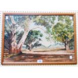 J. Heys: a framed watercolour, depicting an Australian outback view with gum trees and blue hills