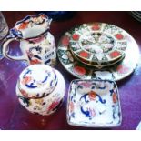Three pieces of Mason's Mandalay pattern ware comprising jug, lidded jug and small dish - sold