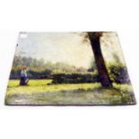 A 19th Century English school oil painting on a wooden panel of a milkmaid in a field with a pail, a