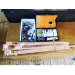 An artists' Rowney oil paint box, easel, portfolio, prints and original drawings