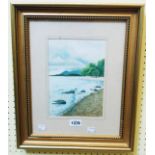 Meg Lee: a gilt framed mixed media painting, depicting a shoreline view