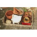 A chitting tray containing various terracotta plant pots, trug, wall pocket, etc.