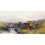 Tom Rowden: a gilt framed watercolour, depicting a Dartmoor scene with group of cattle by a stream -