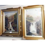 Two gilt framed early 20th Century oils on canvas, both depicting waterfall views, one with bridge