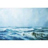 Richard Bonney: an oil painting on canvas depicting waves off Treyardon - signed and dated 1974,
