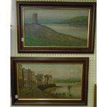 A pair of framed oils on board estuary scenes, one a harbour with moored boats, the other with a