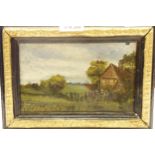 An easel framed oil on panel, depicting a farmstead in a landscape - indistinctly signed