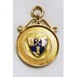 A 1920's Otley Mills Cricket Club Wharfedale League enamelled 9ct. gold fob by Uttley & Co.