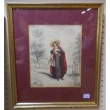 A gilt framed early 19th Century pencil and watercolour portrait of a young girl wearing a red