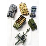 Six Corgi and Matchbox diecast toy military vehicles including Churchill and Tiger I tanks,
