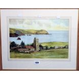 Len Hubbard: a framed watercolour, depicting a country church on the coast - signed and dated 98