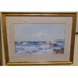 F. J. Widgery: a gilt framed gouache, depicting a West Country coastal scene with waves breaking