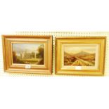 A gilt framed antique oil on board, depicting a view of the ruins of Kirkstall Abbey - sold with a