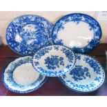 A quantity of blue and white ceramics including three Ashworth Nankin Jar pattern bowls, Coronet