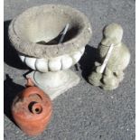 A 15" diameter concrete pedestal planter - sold with a concrete duck ornament and a small terracotta