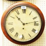 An antique stained mahogany framed dial wall timepiece with 12" diameter dial and spring driven