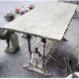 A 19th Century Gothic style cast iron garden table base with pierced standard ends and stretcher,