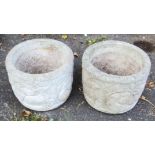 A pair of concrete circular garden planters with embossed leaping deer and peacock decoration - 15