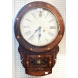 A late 19th Century American stained and inlaid mixed wood cased drop-dial wall clock with printed