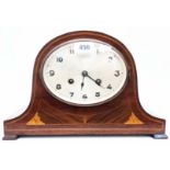 An Edwardian inlaid mahogany and walnut cased mantel clock with German eight day gong striking