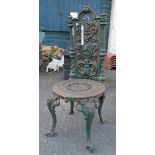 A Victorian green painted cast iron garden chair with cameo, hanging fruit and green man detail to