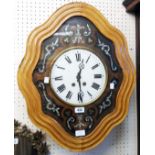 A French 19th Century polished wood framed bullseye clock with decorative mother-of-pearl and
