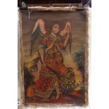 A South American vintage unframed oil on canvas with gilt detail portrait of a Saint with cornucopia