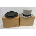 Two vintage top hats including one by Dunn & Co., both in Dunn boxes