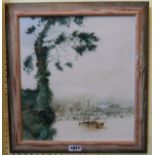 †Anthony Amos: a framed painting, depicting stylised harbour scene with moored sailing vessels and