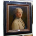 A modern ebonised and parcel gilt framed oil on canvas portrait of the young George III