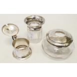 A silver topped glass hair tidy, faceted pot and mustard pot outer